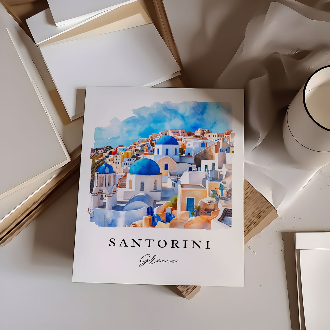 Santorini Greece Blue Domed Churches Watercolor Island Poster - Image 6