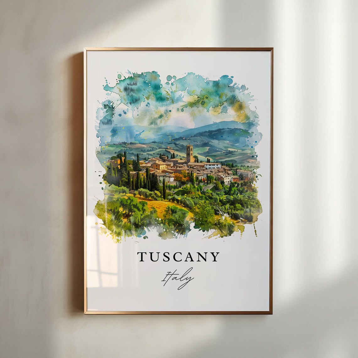 Tuscany Italy Cypress Hills Village Watercolor Travel Poster