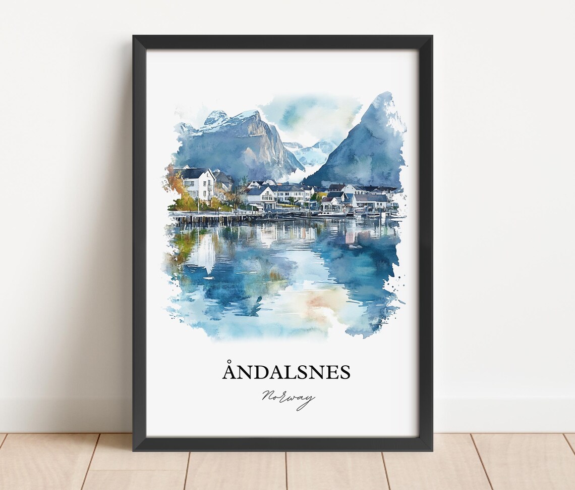 Andalsnes Norway Watercolor Fjord Town Mountain View Travel Poster - Image 3