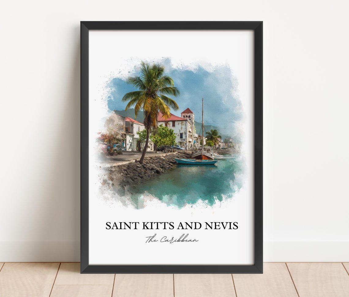 Saint Kitts and Nevis Caribbean Harbor Watercolor Art Poster - Image 4