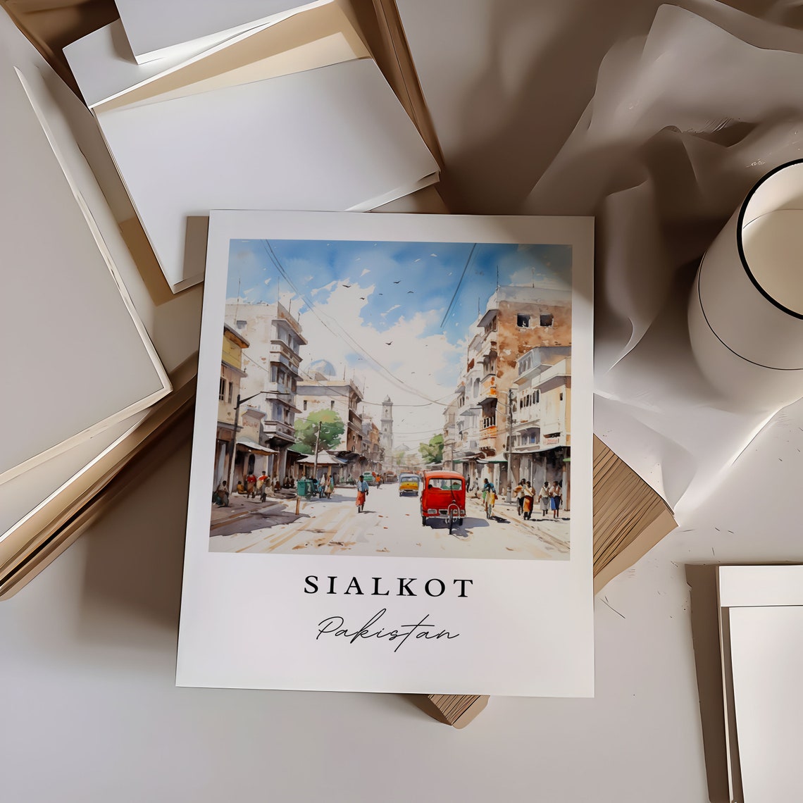 Sialkot Pakistan Old Street Rickshaw Watercolor Travel Poster - Image 6