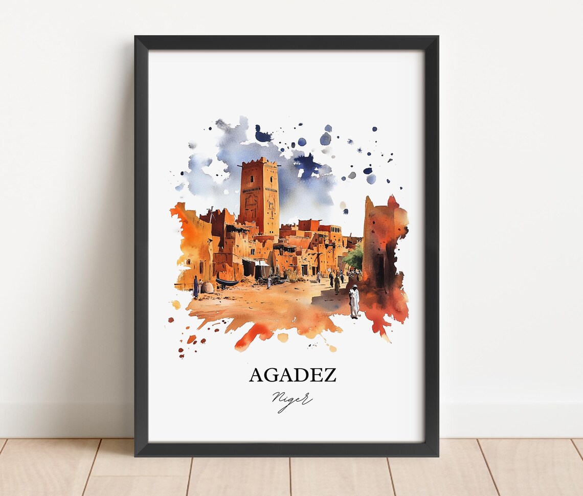 Agadez Niger Watercolor Desert Oasis Town Minaret Travel Poster - Image 5