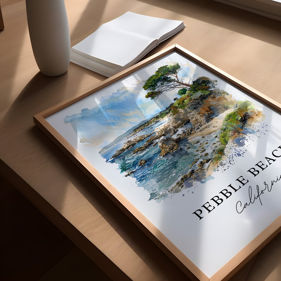 Pebble Beach California Rocky Coastline Cypress Watercolor Poster - Image 5