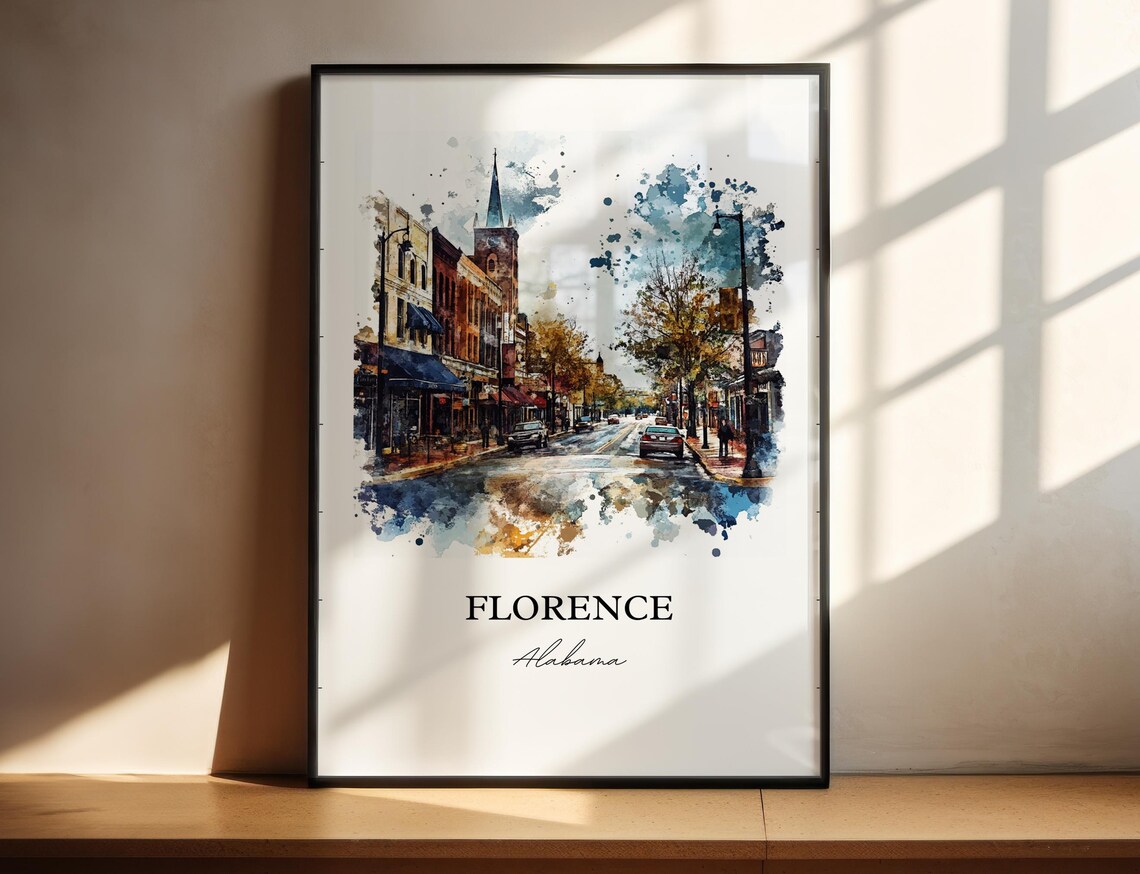 Florence Alabama Downtown Streetscape Church Steeple Watercolor Poster - Image 2