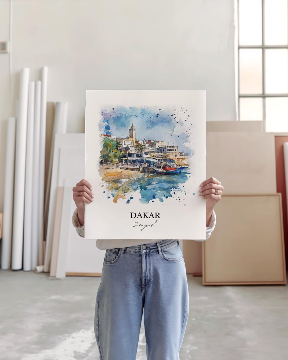 Dakar Senegal Harbor Fishing Boats Waterfront Watercolor Poster - Image 3