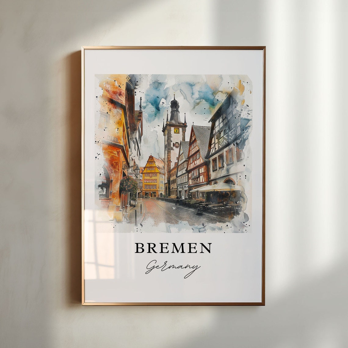 Bremen Germany Watercolor Half Timbered Street Old Town Poster
