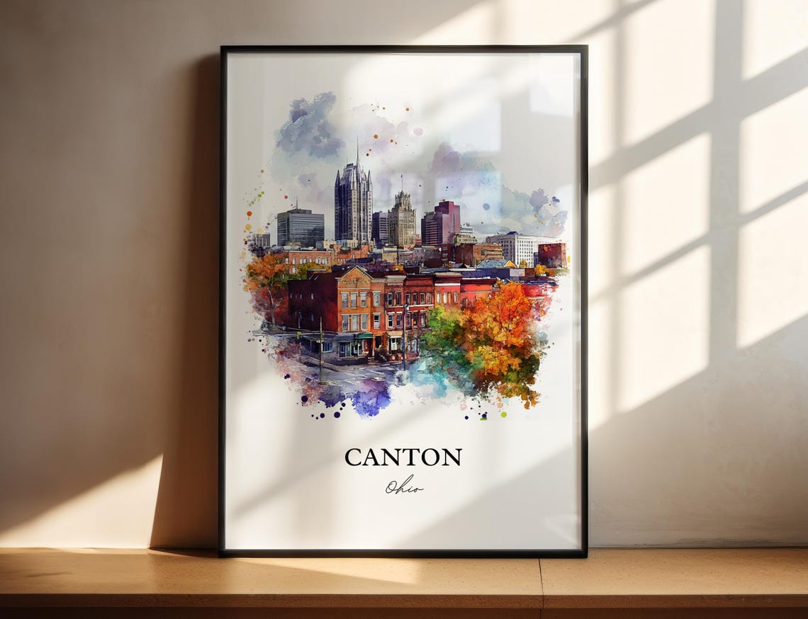 Canton Ohio Watercolor Fall Downtown City Skyline Scene Poster