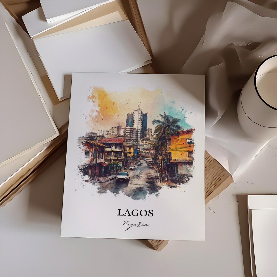 Lagos Nigeria Bustling Street Palm Trees City Watercolor Poster - Image 3