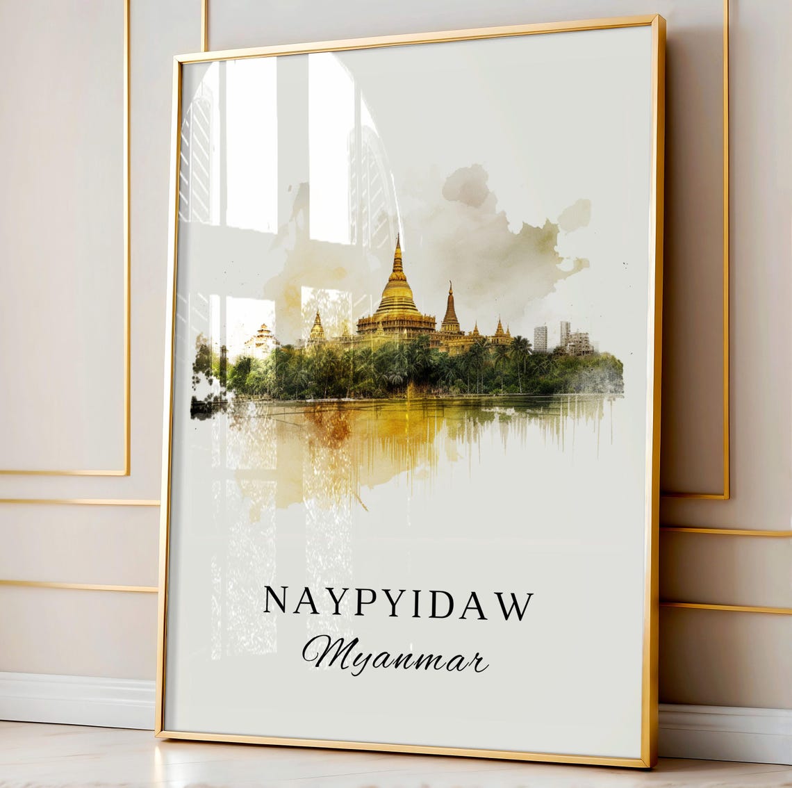 Naypyidaw Myanmar Watercolor Golden Pagoda Reflection Poster - Image 4