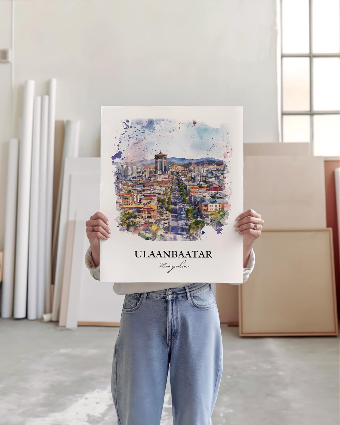 Ulaanbaatar Mongolia Watercolor Capital City Skyline Panorama Poster - Image 4