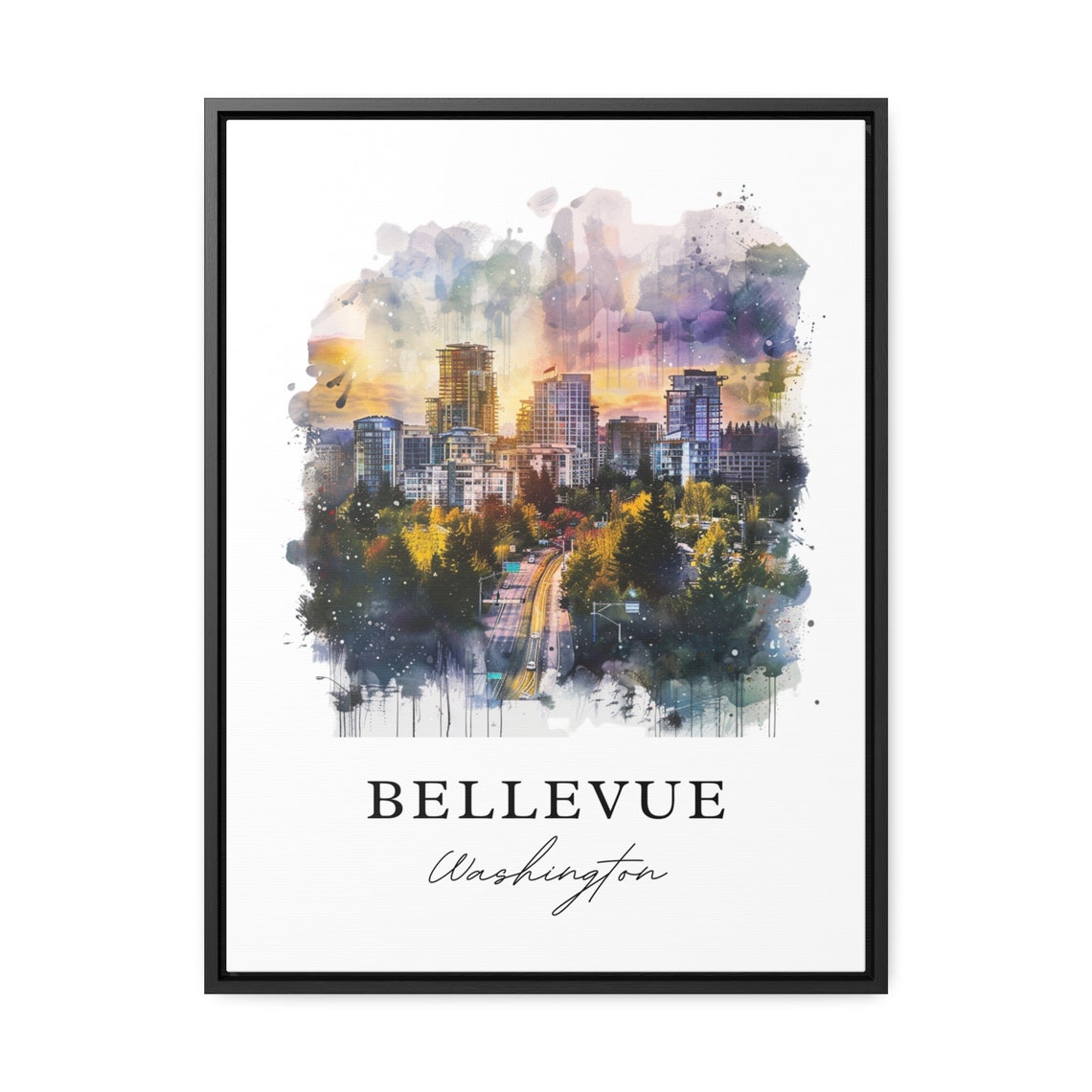 Bellevue Washington Watercolor Downtown Skyline Sunset Poster - Image 2