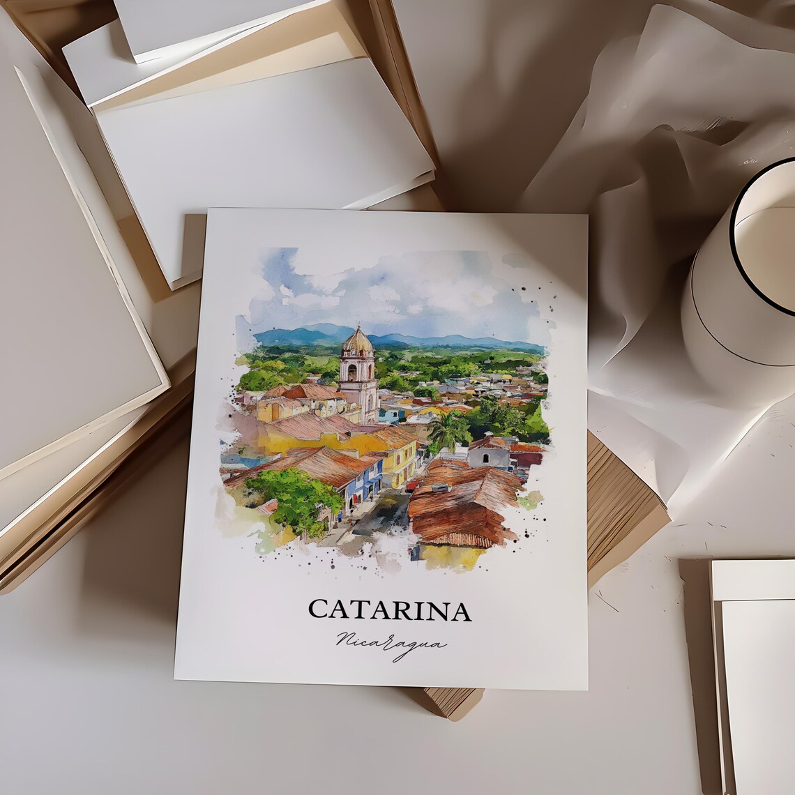 Catarina Nicaragua Watercolor Colonial Town Church View Travel Poster - Image 2