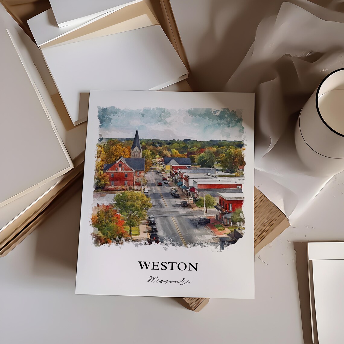 Weston Missouri Historic Main Street Watercolor Travel Gift Poster - Image 2