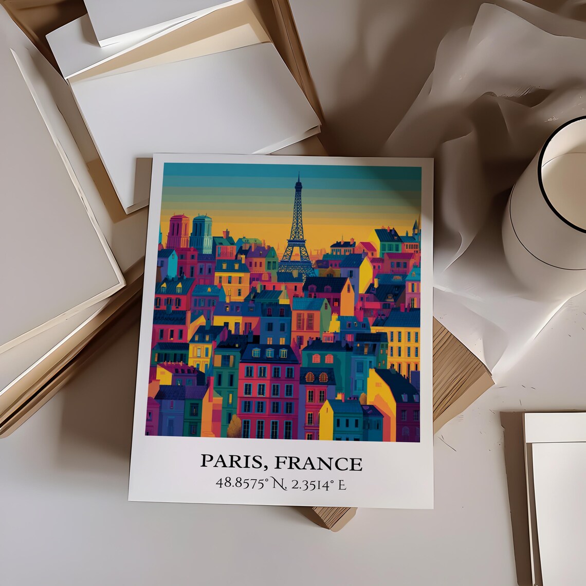 Paris France Eiffel Tower Colorful Rooftops Retro Travel Art Poster - Image 2