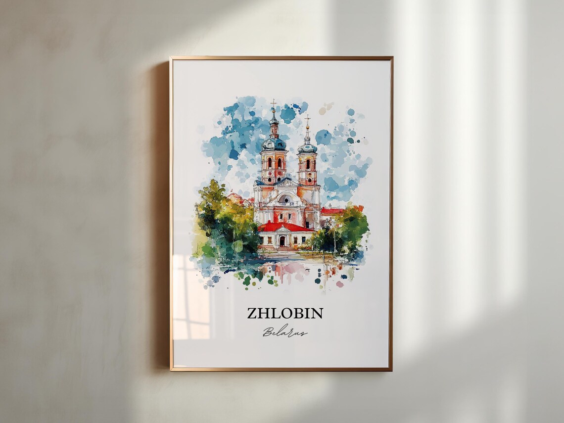 Zhlobin Belarus Twin Towered Church in Green Watercolor Poster - Image 5