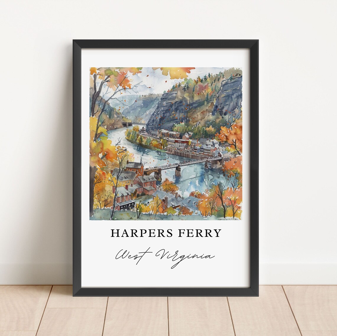 Harpers Ferry Watercolor Travel Poster, WV