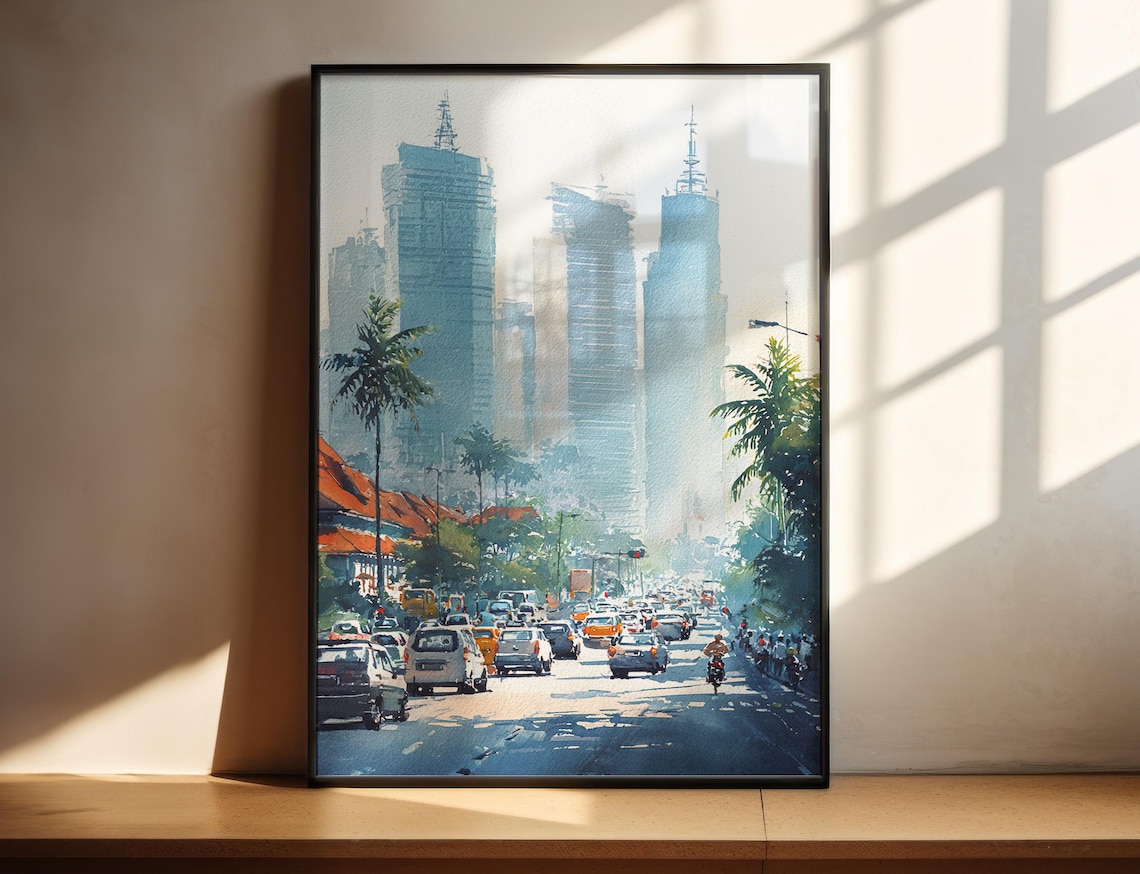 Jakarta Indonesia Busy Street with Skyscrapers Watercolor Print