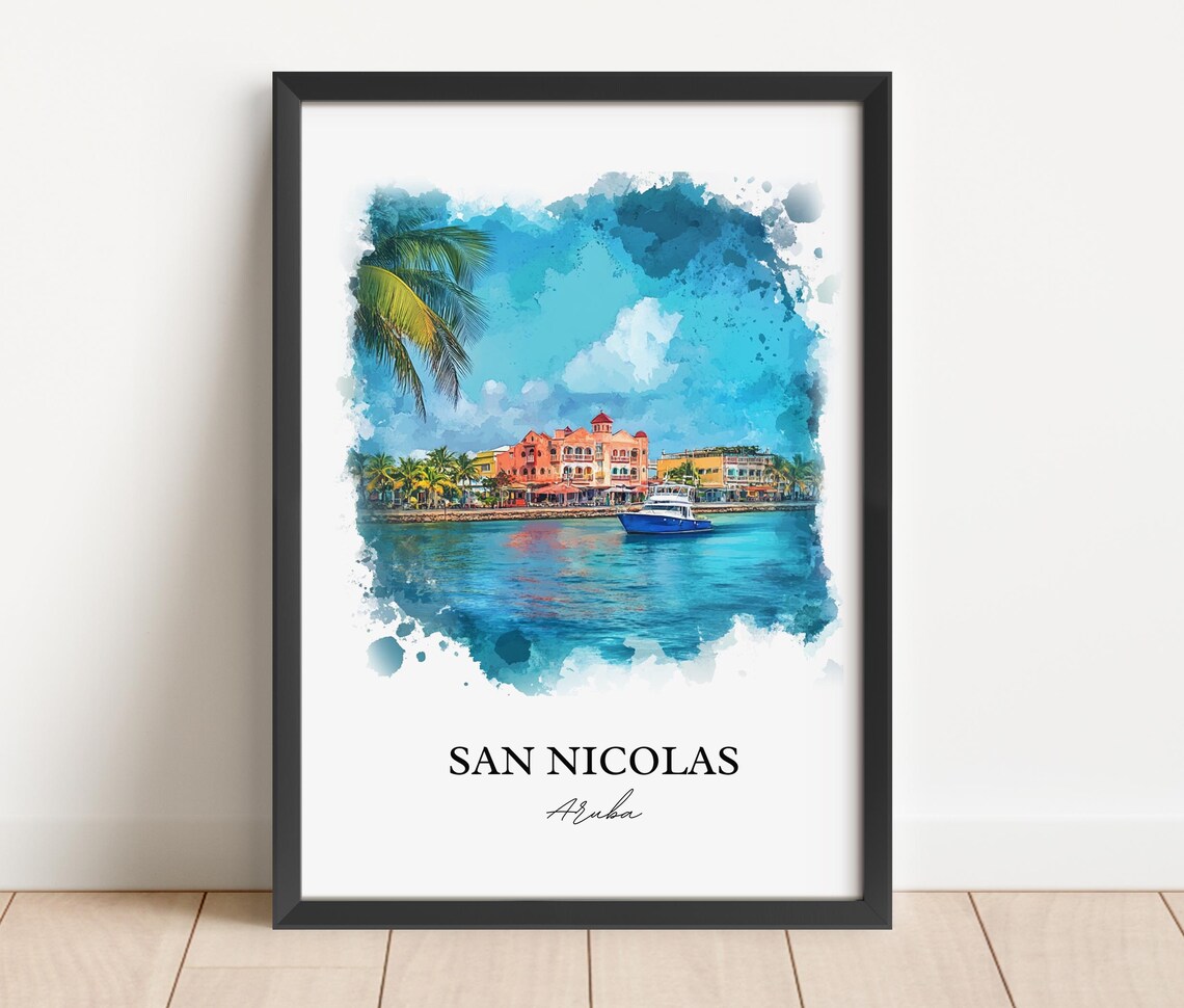 San Nicolas Aruba Watercolor Harbor Boat Waterfront Scene Poster - Image 3