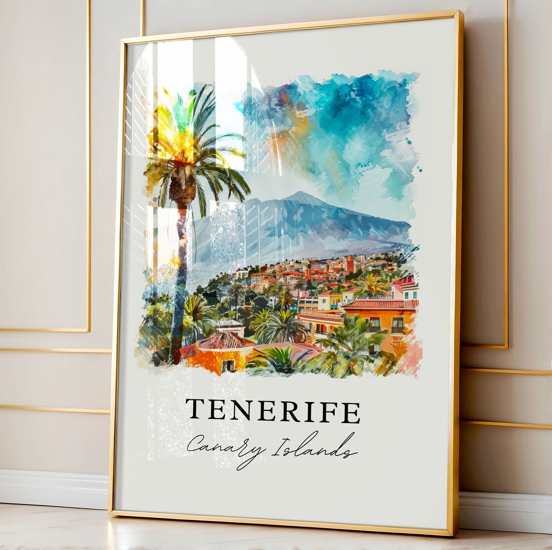 Tenerife Canary Islands Palm Volcano Watercolor Travel Poster - Image 3