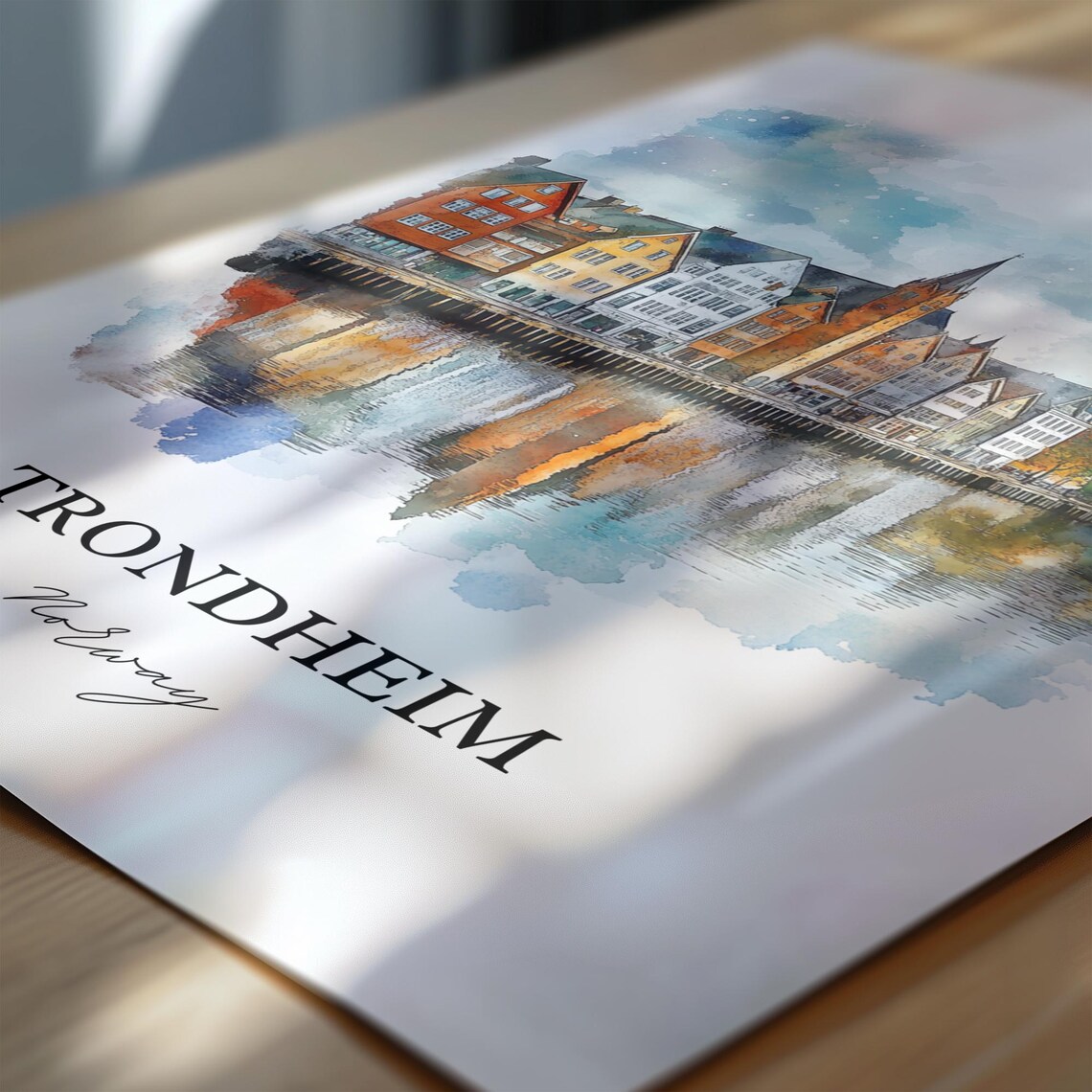 Trondheim Norway Watercolor Colorful Wharf Buildings River View Poster - Image 6