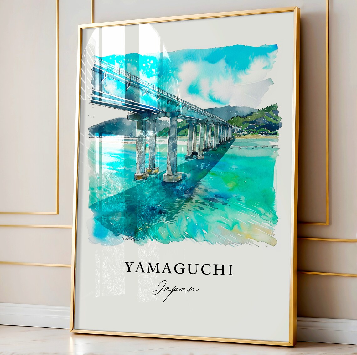 Yamaguchi Japan Bridge Over Turquoise Water Watercolor Travel Poster - Image 4
