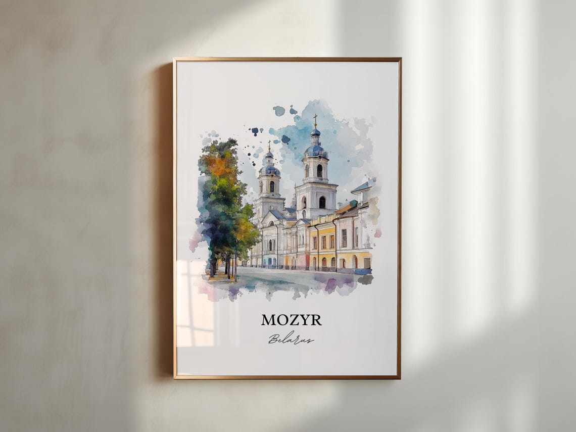Mozyr Belarus Domed Church Over the Old Town Watercolor Poster - Image 5