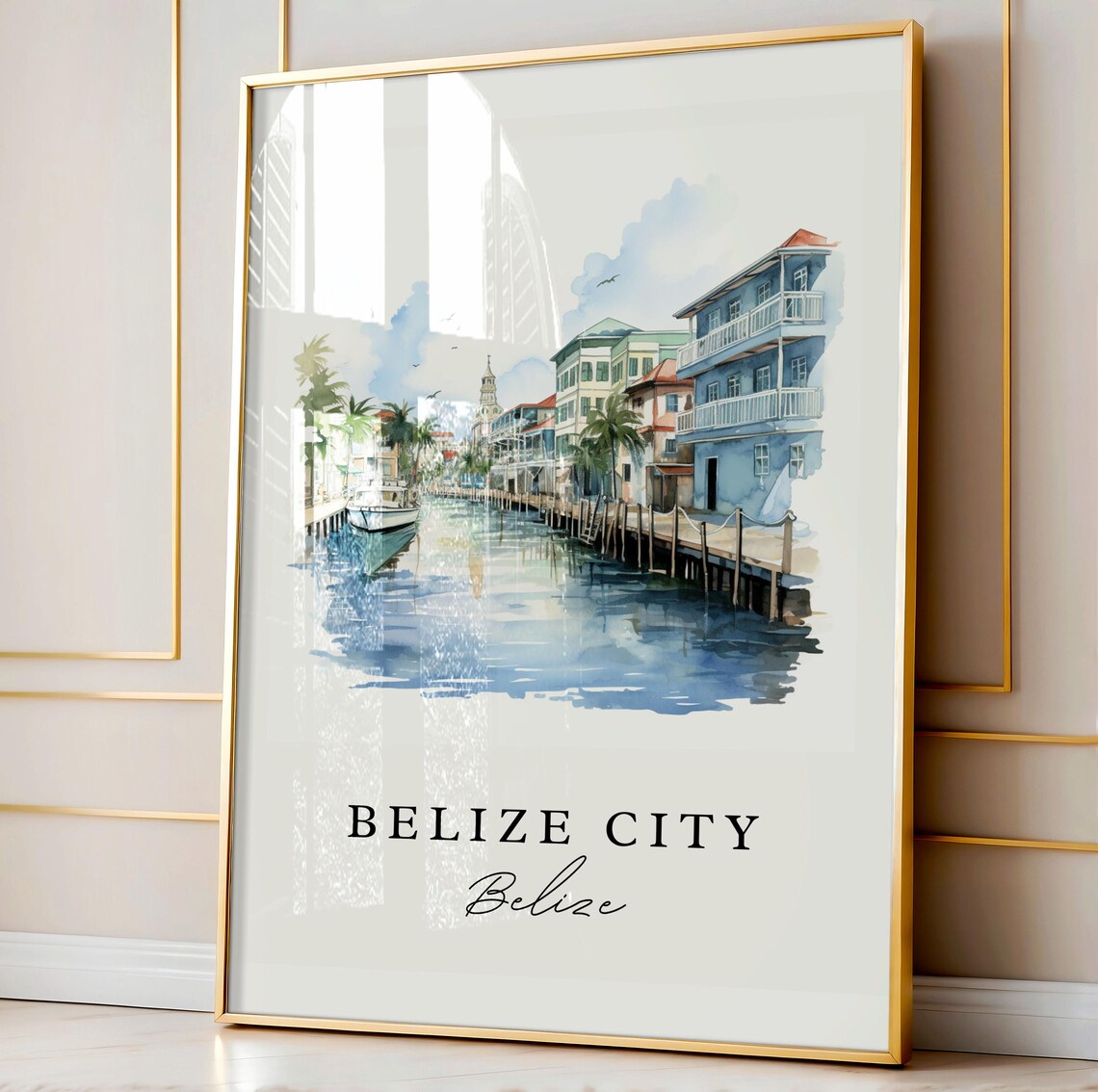 Belize City Belize Waterfront Canal Boats Watercolor Travel Poster - Image 3