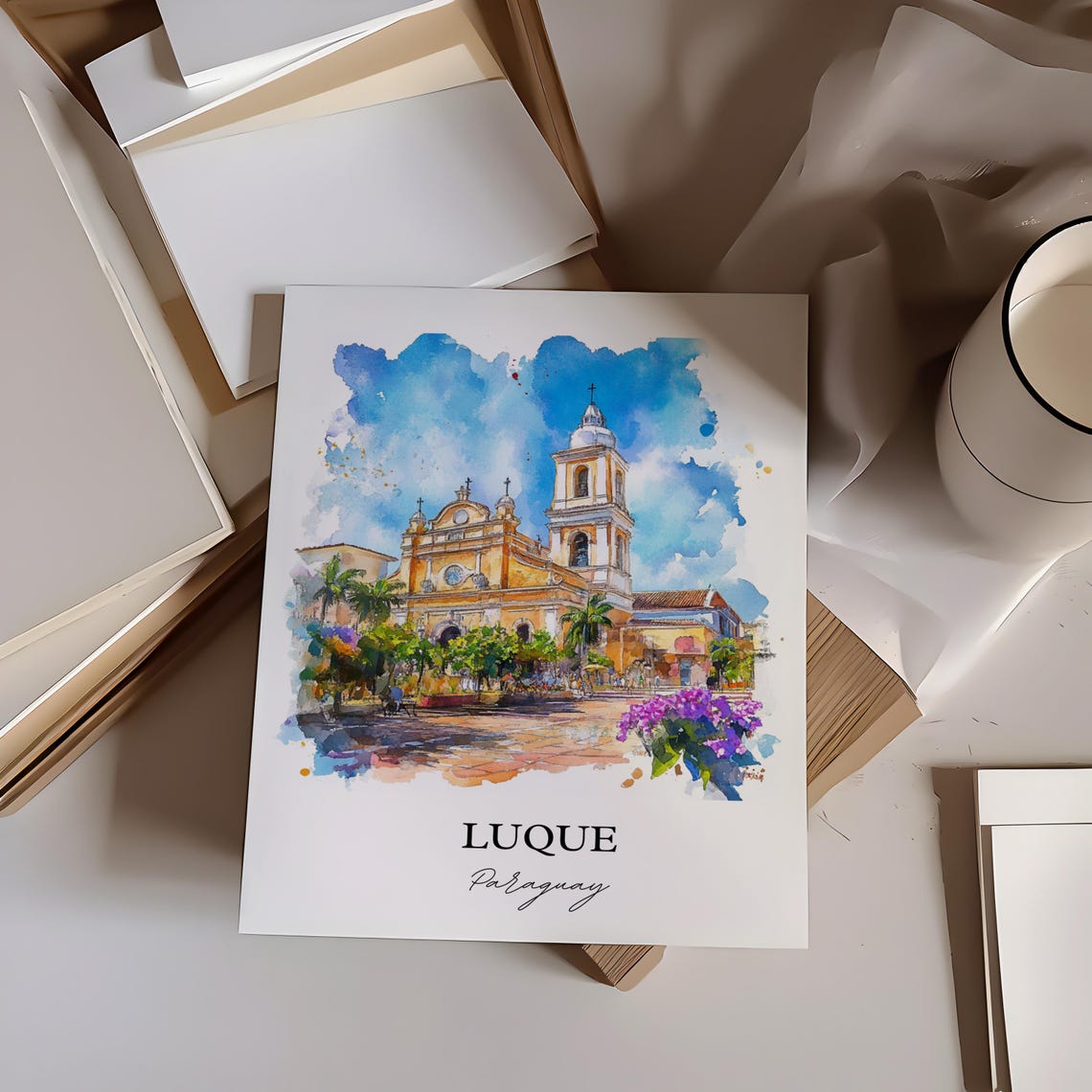 Luque Paraguay Watercolor Bell Tower Plaza Purple Flower Poster - Image 3