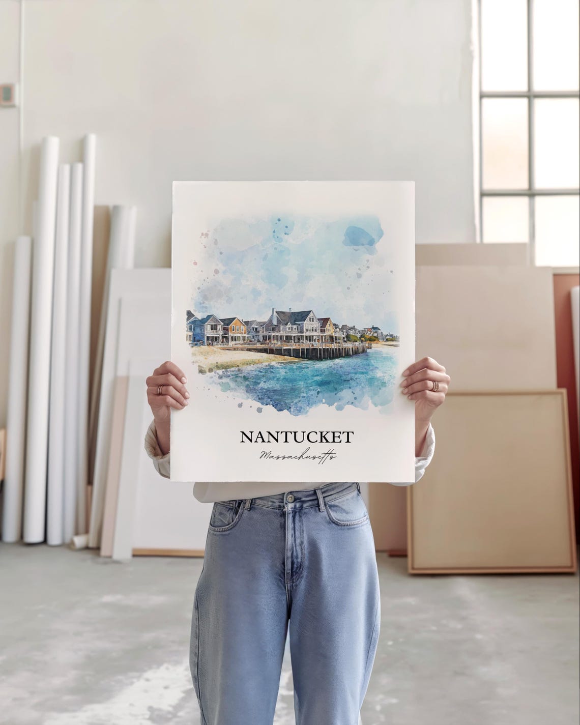 Nantucket Massachusetts Watercolor Waterfront Houses Scene Poster - Image 3