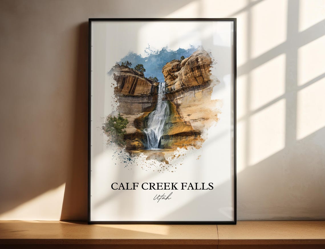 Calf Creek Falls Utah Sandstone Canyon Waterfall Watercolor Poster