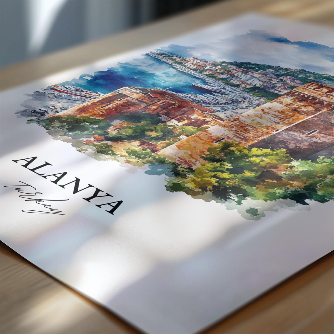 Alanya Turkey Watercolor Red Tower Castle Harbor Travel Poster - Image 7