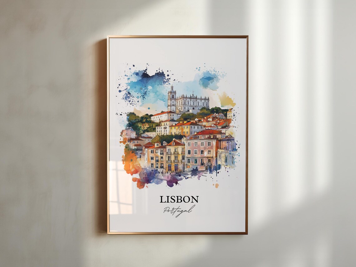 Lisbon Portugal Hillside Alfama Church Watercolor Travel Poster - Image 2