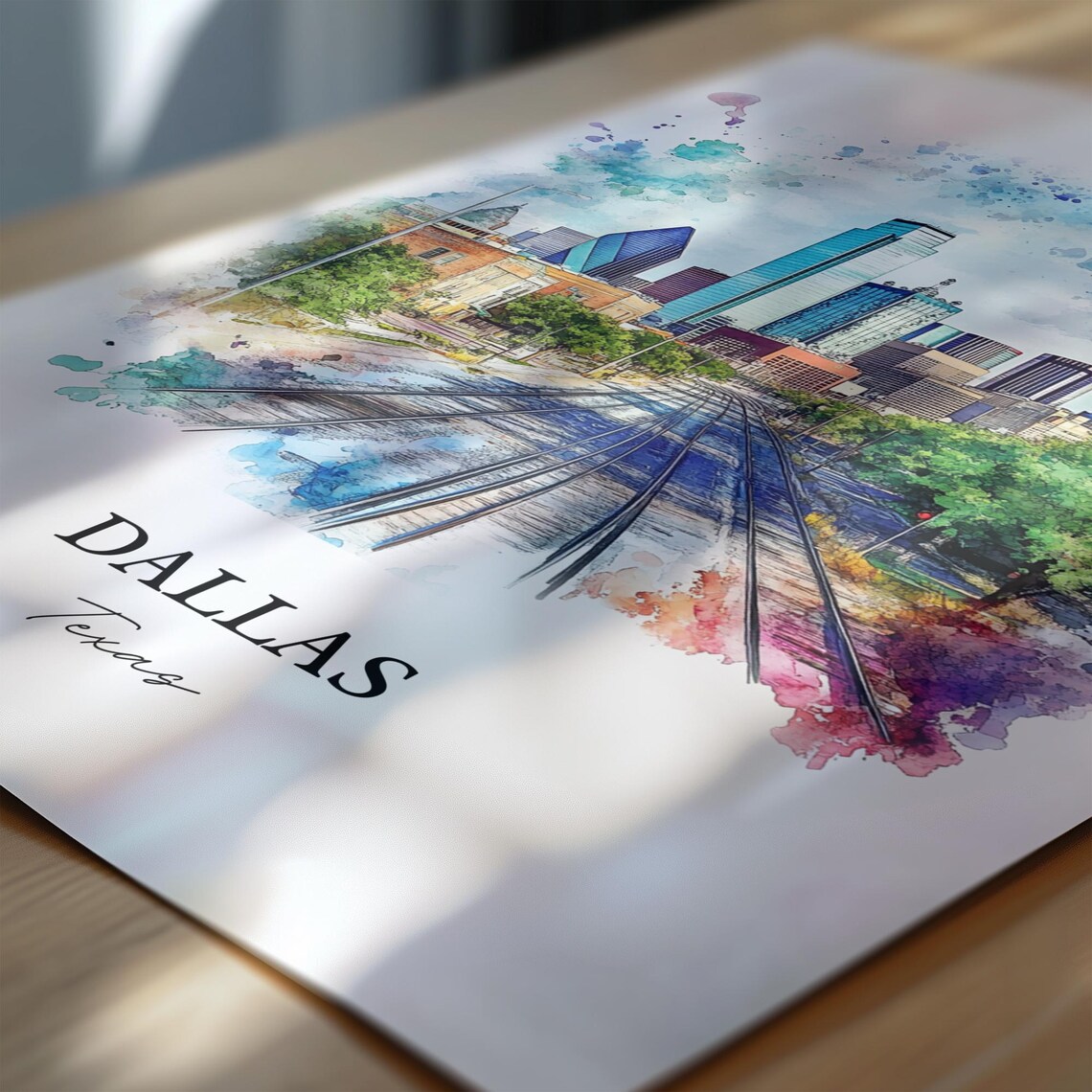 Dallas Texas Skyline Railroad Tracks Watercolor City Art Poster - Image 6