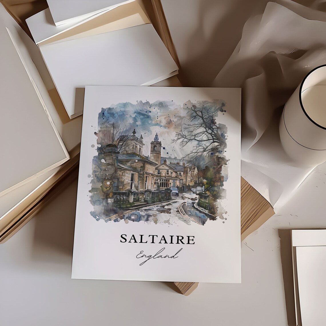 Saltaire England Historic Stone Village Watercolor Travel Poster - Image 6