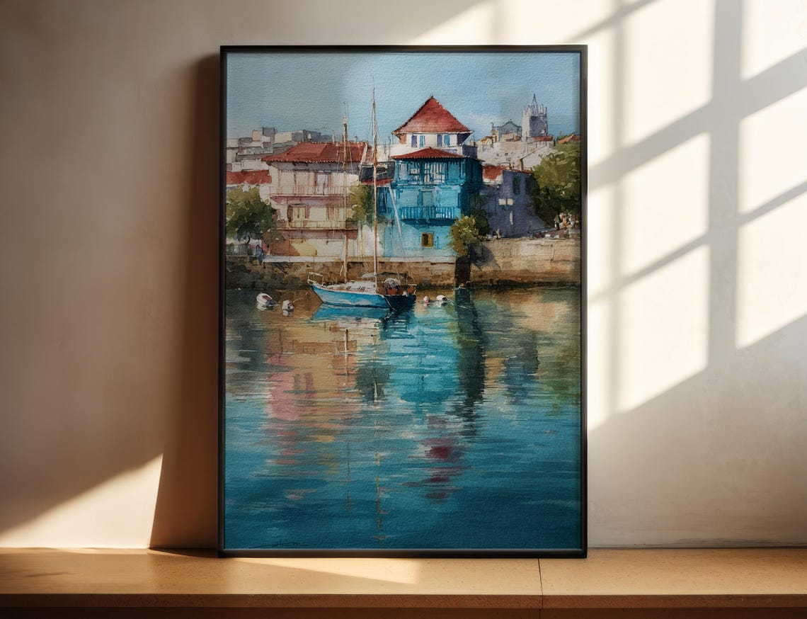 Harbor Sailboats Colorful Waterfront Bright Watercolor Art Poster