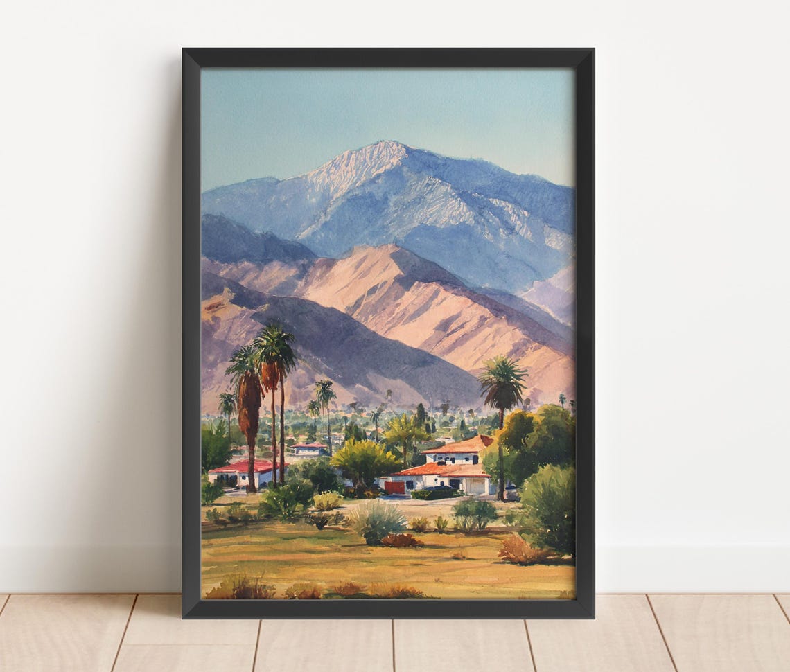 Palm Desert California Watercolor Palm Trees Mountain View Town Poster