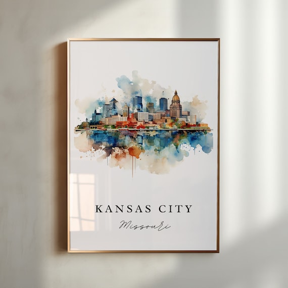 Kansas City Missouri Downtown Skyline Watercolor Travel Art Print
