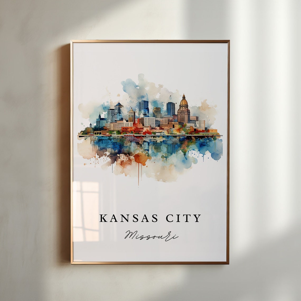 Kansas City Missouri Downtown Skyline Watercolor Travel Art Print