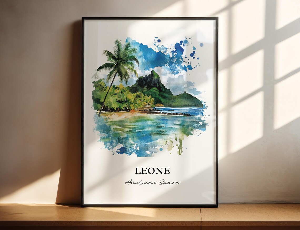 Leone American Samoa Palm Lagoon Mountain Watercolor Travel Poster