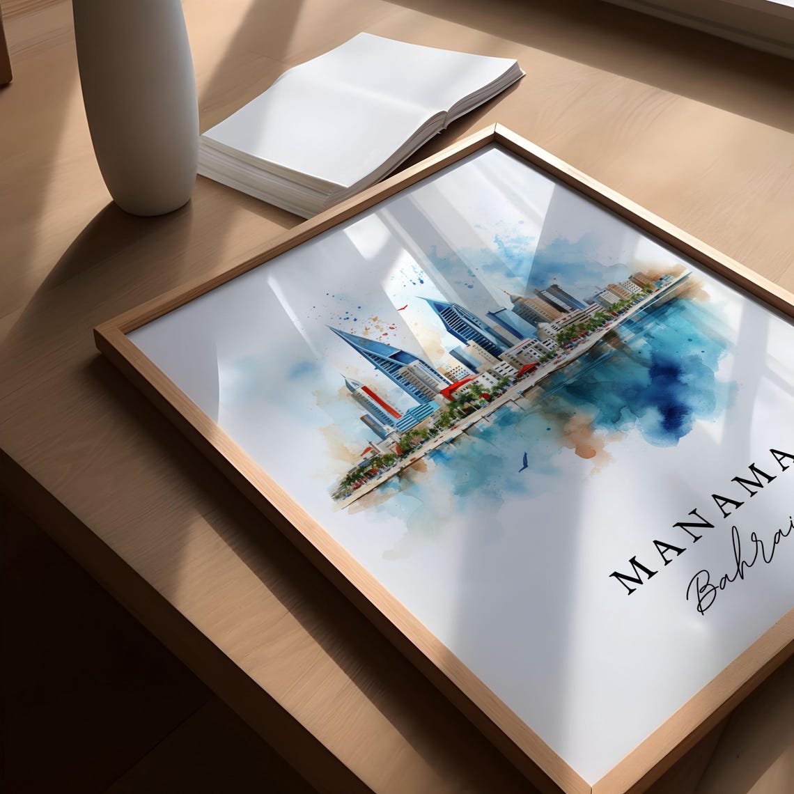 Manama Bahrain Watercolor Art Waterfront Skyscraper Skyline Poster - Image 5