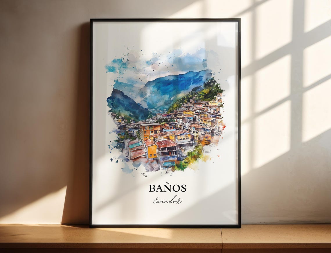Baños Ecuador Misty Andean Peaks Town Valley Watercolor Poster