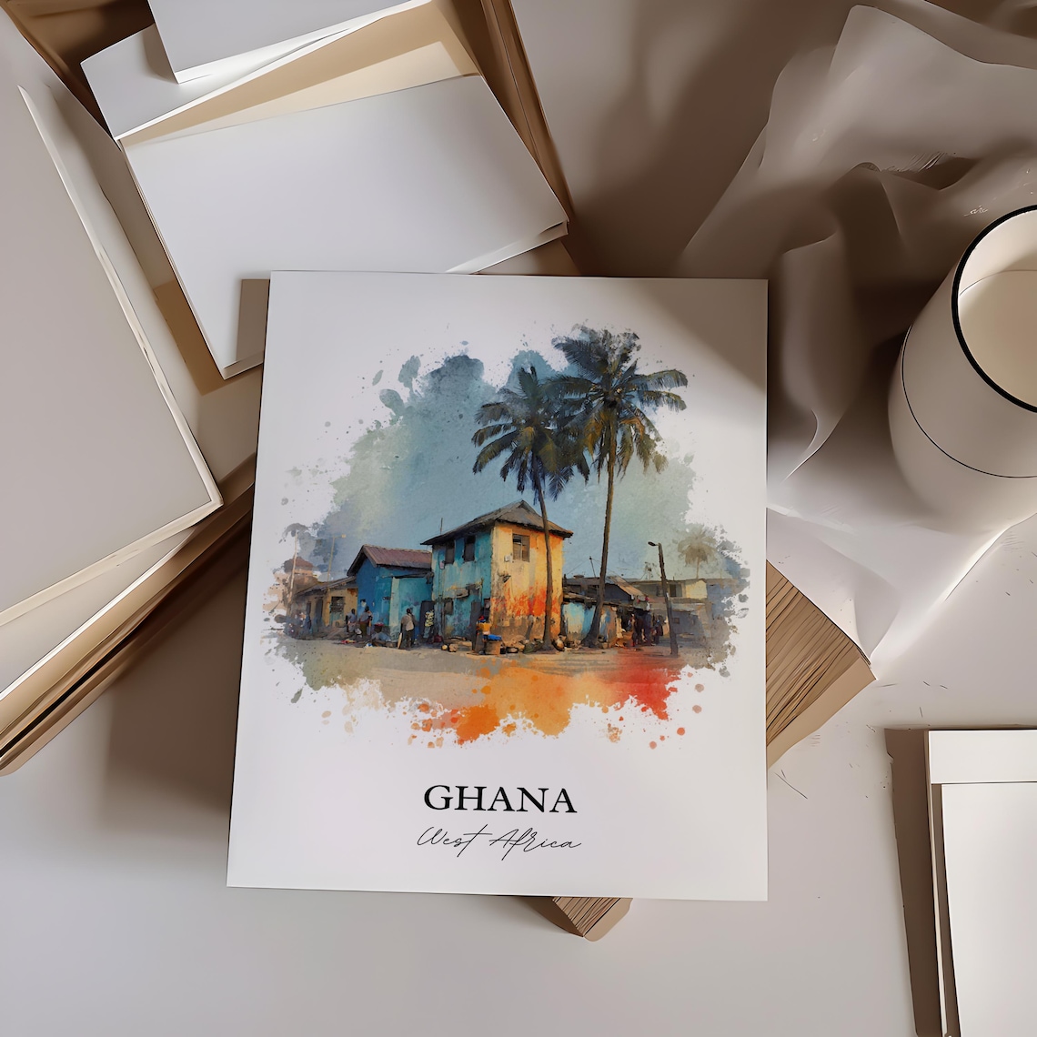 Ghana West Africa Colorful Village Palm Trees Art Travel Poster - Image 3