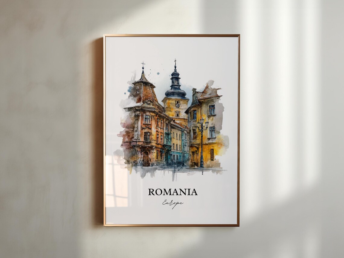 Romania Old Town Clock Tower Watercolor Historic Street Poster - Image 5