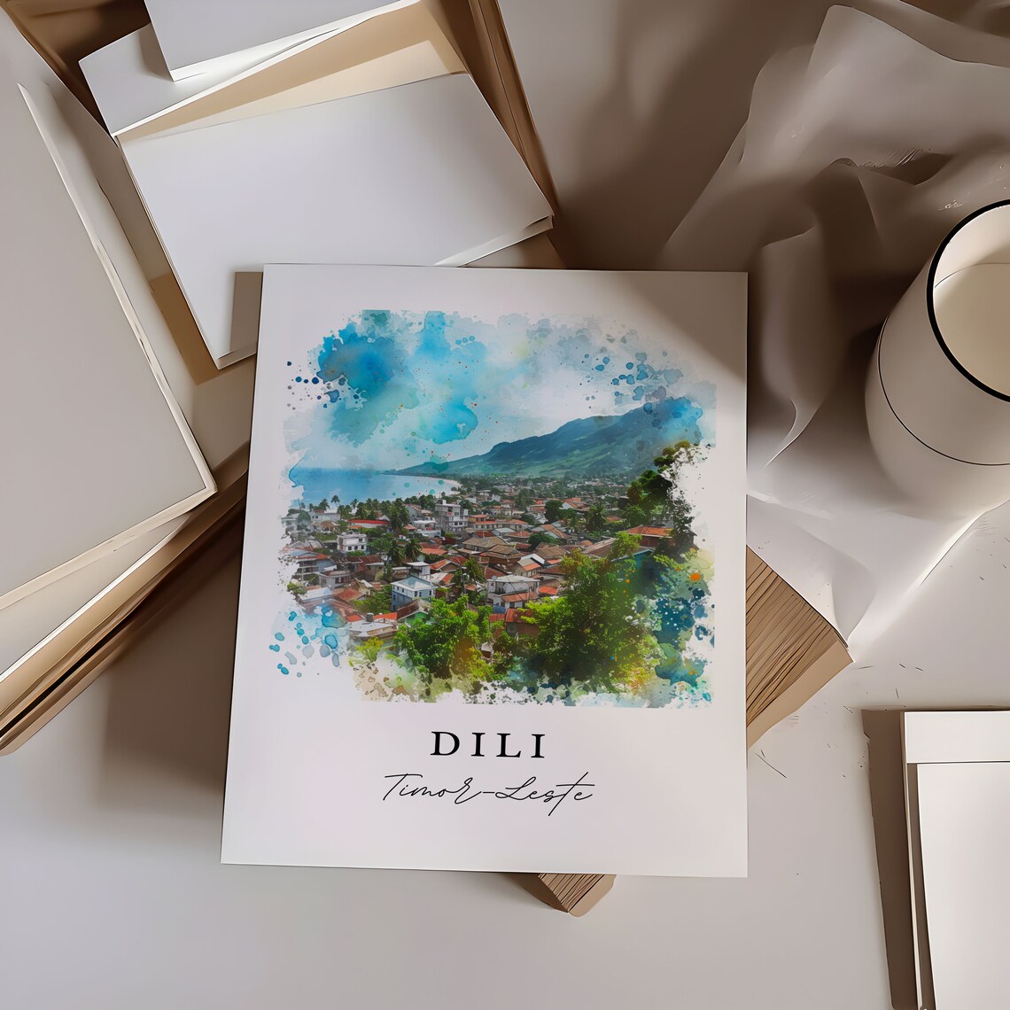 Dili Timor Leste Watercolor Coastal Town Bay View Travel Poster - Image 6