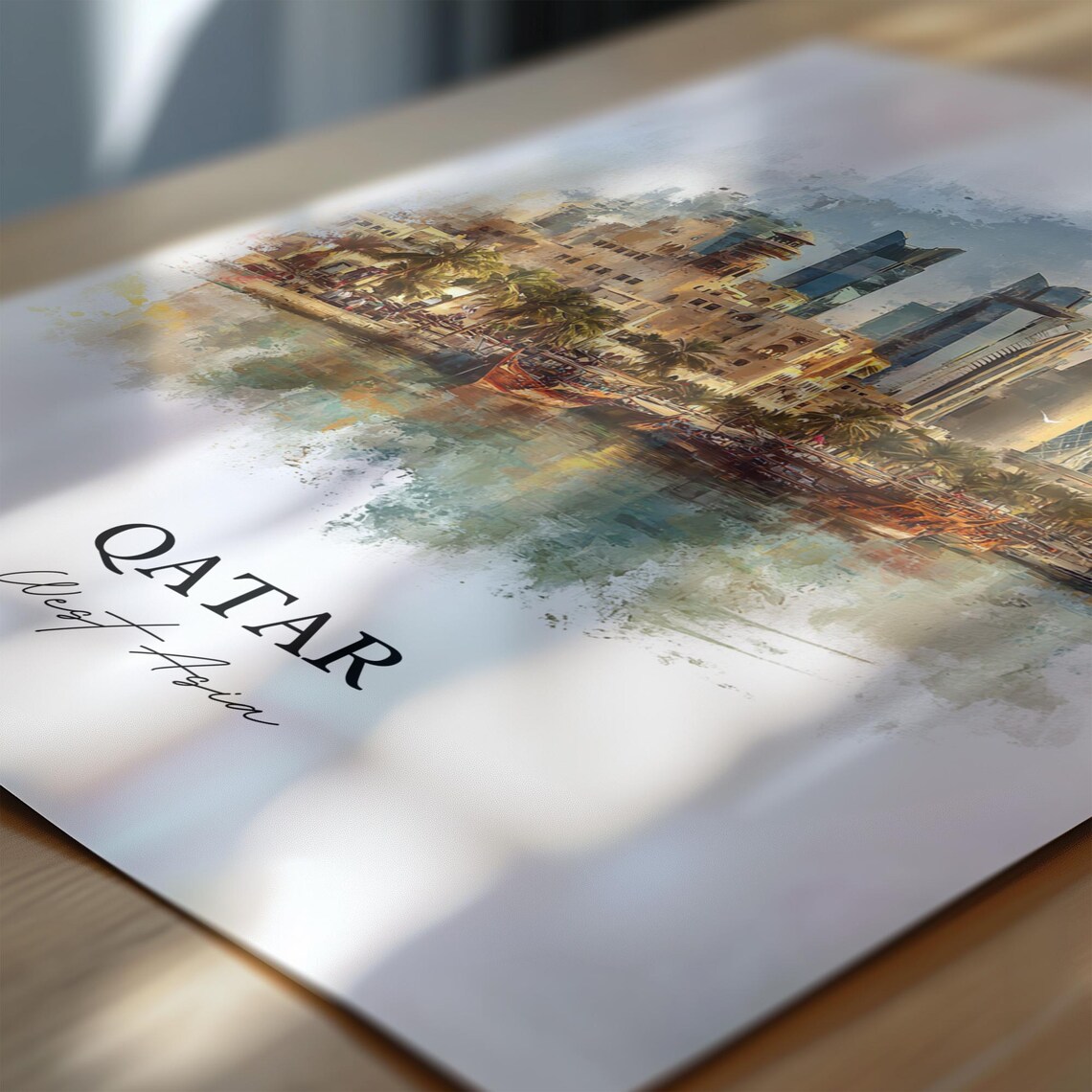 Qatar West Asia Waterfront Skyline Dhow Boats Watercolor Travel Poster - Image 6