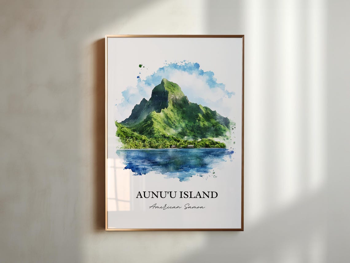 Aunuu Island American Samoa Volcanic Peak Lagoon Watercolor Poster - Image 5