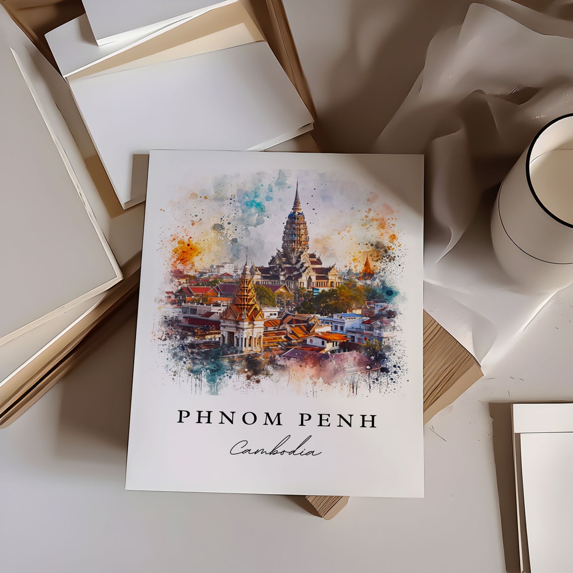 Phnom Penh Cambodia Royal Palace Spires Watercolor Travel Poster - Image 6