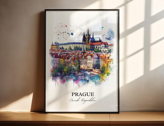 Prague Skyline Watercolor Travel Poster, Czech Republic