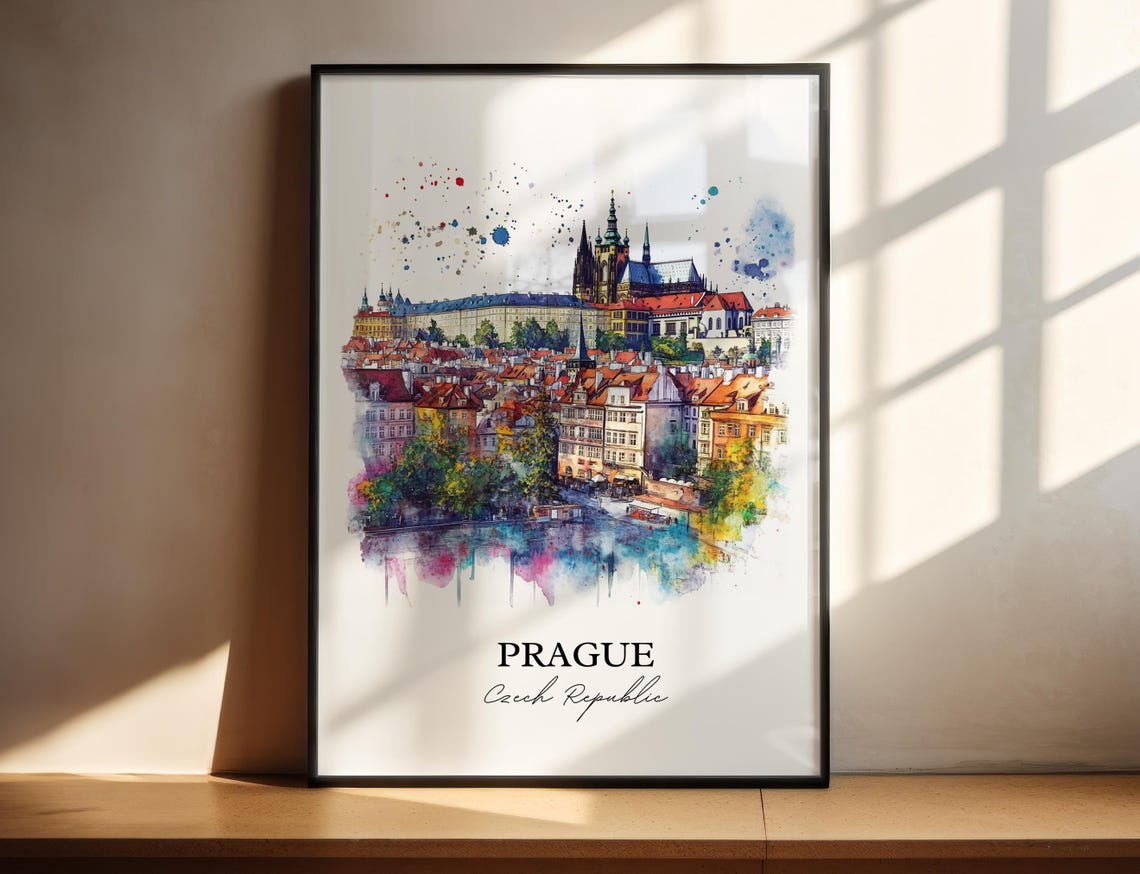 Prague Skyline Watercolor Travel Poster, Czech Republic