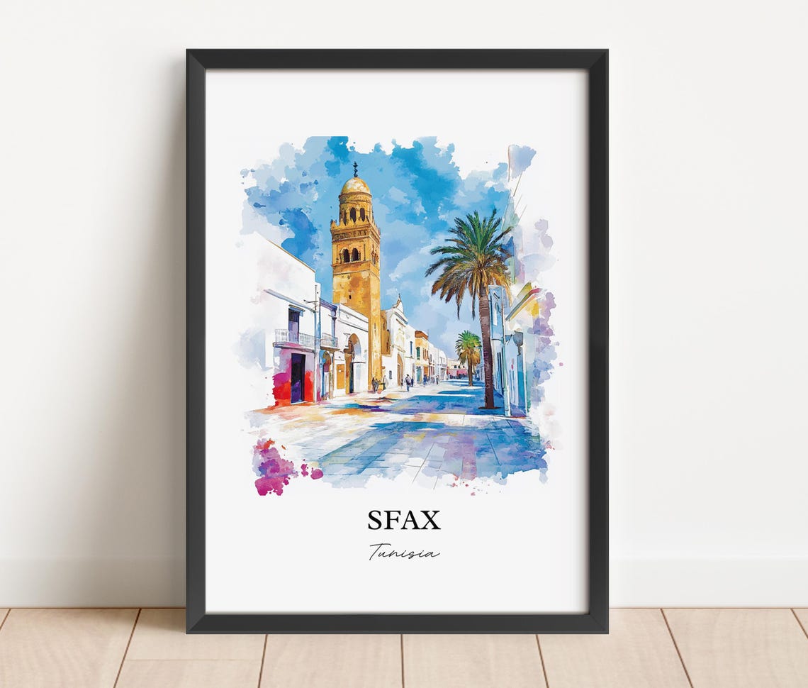 Sfax Tunisia Sunny Old Medina Street Watercolor Travel Art Poster - Image 3